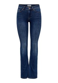 Pantalones vaqueros acampanados en azul oscuro, con diseño de cinco bolsillos, cierre de cremallera con botón y mínimos detalles de costura en las patas.