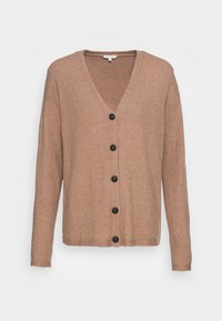 Beige V-neck cardigan dengan kancing, lengan panjang dan kancing hitam, ditampilkan di depan latar belakang terang yang polos.
