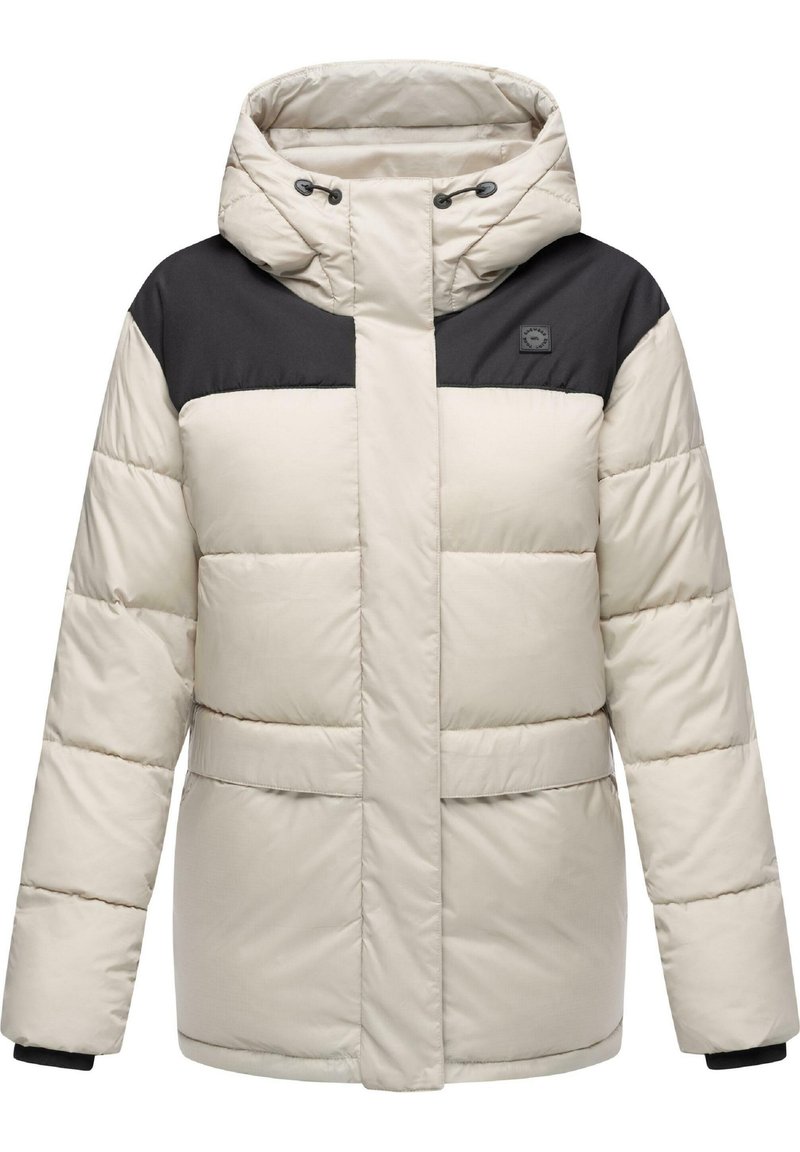 Giacca imbottita con corpo crema e parte superiore nera, dotata di cappuccio, texture trapuntata, chiusura frontale e due tasche laterali.