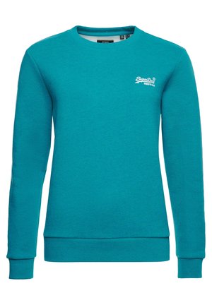 Turkusowa bluza z długim rękawem i okrągłym dekoltem, z prążkowanymi mankietami i dołem, z małym białym logo Superdry na lewej piersi.
