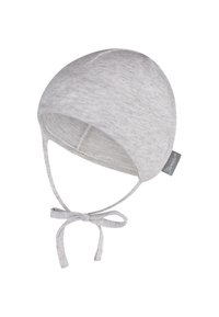 Light gray cotton baby bonnet with a round shape, soft texture, adjustable tie straps, and a small tag on the side.