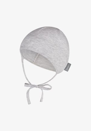Hellgraue Baumwoll-Babyhaube mit runder Form, weicher Textur, verstellbaren Bändern und einem kleinen Etikett an der Seite.