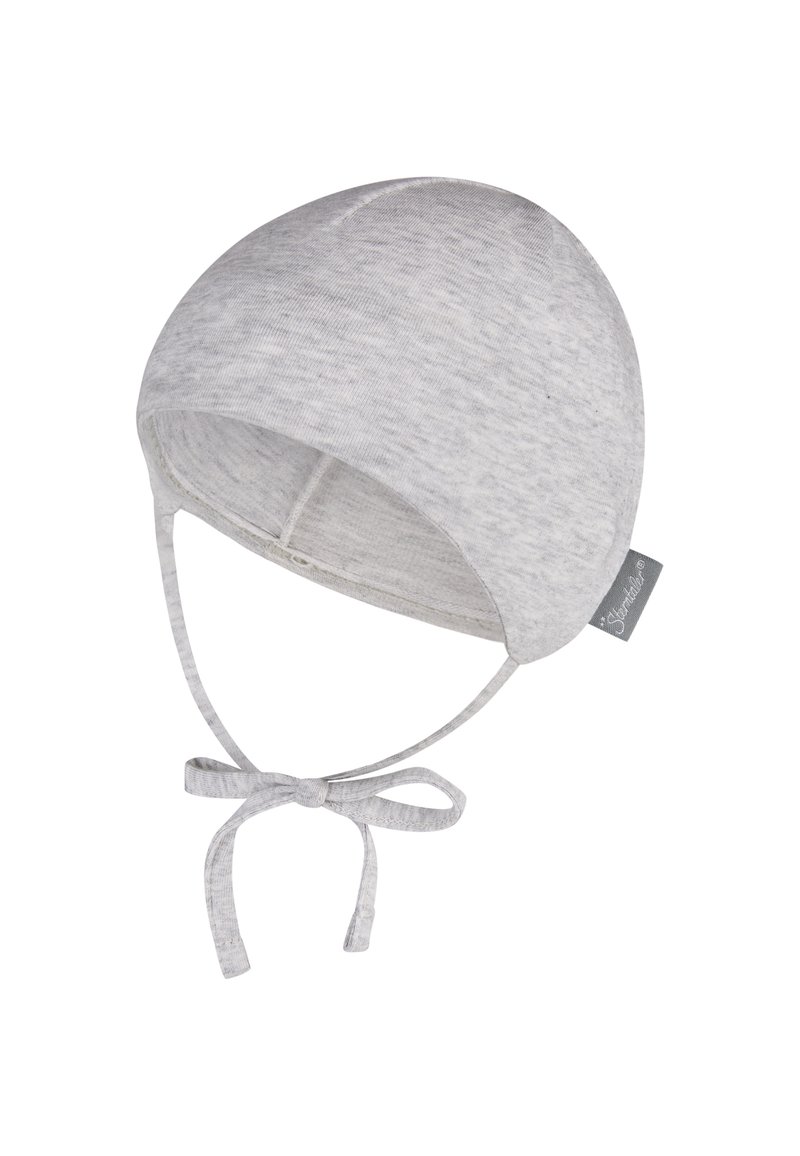 Light gray cotton baby bonnet with a round shape, soft texture, adjustable tie straps, and a small tag on the side.