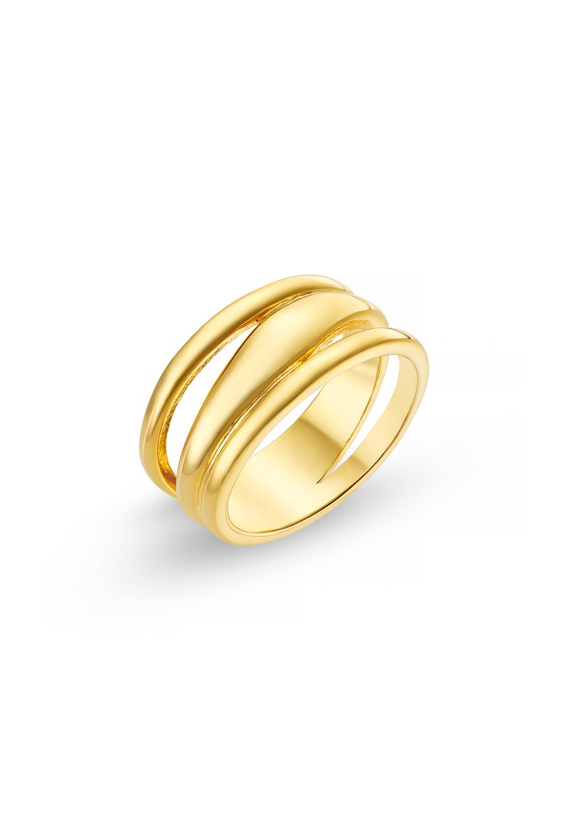 Bague en or avec deux bandes arrondies ayant une surface lisse et une texture intérieure. Le design inclut un espace entre les bandes pour ajouter du détail.