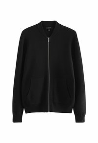 Cardigan noir à fermeture éclair sur le devant en tissu maille avec un col côtelé, deux poches avant, et une finition texturée. Design simple et polyvalent.