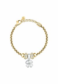 Bracciale in oro con charm a forma di quadrifoglio in argento, perla bianca e dettagli scintillanti. Finitura liscia e lucida.
