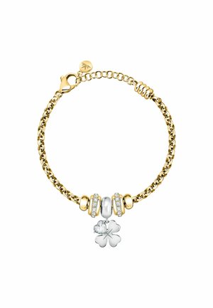 Bracciale in oro con charm a forma di quadrifoglio in argento, perla bianca e dettagli scintillanti. Finitura liscia e lucida.