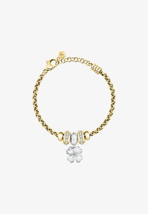 Bracciale in oro con charm a forma di quadrifoglio in argento, perla bianca e dettagli scintillanti. Finitura liscia e lucida.
