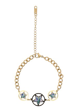 Złota bransoletka z łańcuszkiem, ozdobiona trzema okrągłymi wkładkami z abalone w kształcie gwiazdy, wyposażona w regulowane zapięcie i przedłużający łańcuszek.