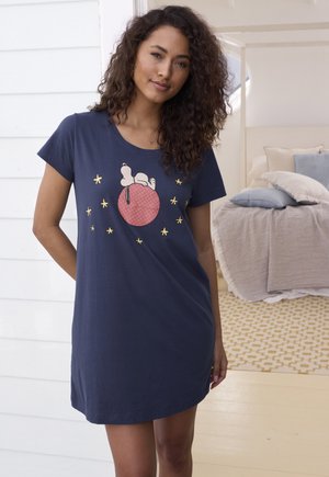 Navy blue cotton sleep dress with short sleeves, featuring a graphic of a dog on a red ball surrounded by golden stars.