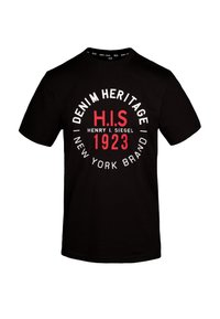 Černé bavlněné tričko s kruhovou grafikou v bílé a červené barvě. Text zahrnuje "DENIM HERITAGE," "H.I.S," "1923," a "NEW YORK BRAND."