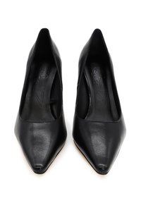 Un paio di décolleté nere in pelle con punta affilata viste dall'alto su uno sfondo bianco.