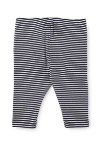 Leggings a righe in cotone navy e bianco. Presentano un design aderente con vita elastica e taglio alla caviglia. Texture morbida.