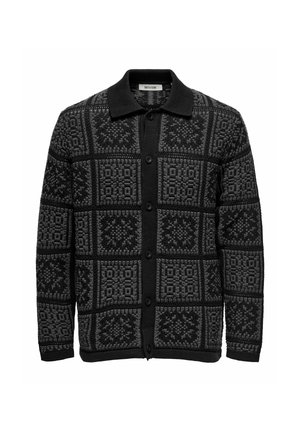 Brede gebreide cardigan met een geometrisch zwart en grijs patroon, kraagontwerp, knoopsluiting aan de voorkant en geribde manchetten en zoom.