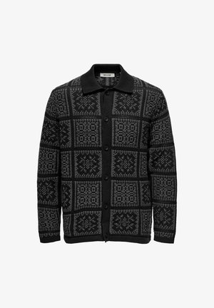 Cardigan in maglia caratterizzato da un motivo geometrico nero e grigio, design con colletto, chiusura frontale con bottoni e polsini e orlo a coste.