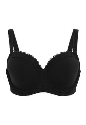 Zwarte bh met beugel, gemaakt van een gladde stof, met kantafwerking langs de halslijn en verstelbare bandjes voor een op maat gemaakte pasvorm.