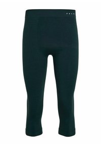 Dunkelgrüne Capri-Leggings aus strukturiertem Stoff, mit einer figurbetonten Passform und einem elastischen Bund, auf dem der Markenname "FALKE" aufgedruckt ist.