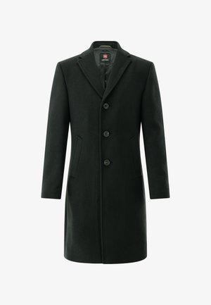 Dunkelgrüner Wollmantel, einreihiges Design, spitz zulaufender Reverskragen, vier Knöpfe, zwei Seitentaschen, glattes Innenfutter.