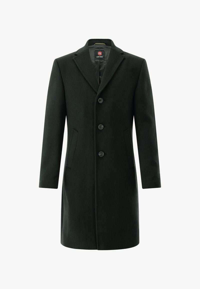 Dunkelgrüner Wollmantel, einreihiges Design, spitz zulaufender Reverskragen, vier Knöpfe, zwei Seitentaschen, glattes Innenfutter.