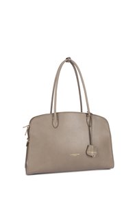Sac à main en cuir Taupe Lancaster Paris avec double poignées, fermeture éclair dorée et logo, présenté sur fond blanc.