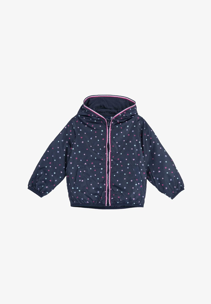 Námořnická modrá bunda s připevněnou kapucí, zdobená vzorem hvězd a srdcí v růžové a světle modré barvě. Obsahuje elastické manžety a růžové lemování.