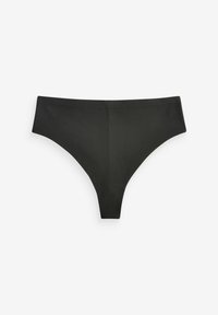 Zwarte naadloze tanga met een laag uitgesneden tailleband. Gladde textuur en minimalistisch ontwerp, met geen zichtbare naden of patronen.