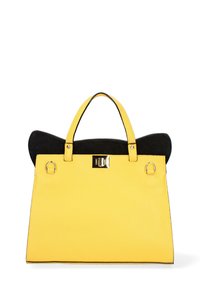Borsa a mano in pelle gialla con parte superiore in camoscio nero, dotata di accessori in oro, manici arrotondati e forma rettangolare strutturata.