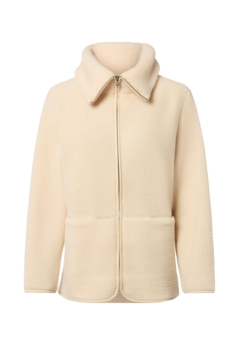 Beige fleecejacka med hög krage, dragkedjestängning och två framfickor. Mjuk textur med en ren, enkel design och rundad nederkant.