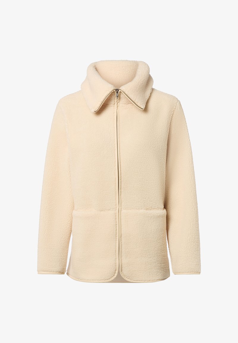 Giacca in pile beige con colletto alto, chiusura con zip e due tasche frontali. Texture morbida con un design pulito e semplice e orlo arrotondato.