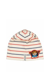 Neulottu myssy vaaleassa kermassa punaisilla ja laivastonsinisin raitoin, jossa on sarjakuvapatchi tytöstä, jolla on leteet. Pehmeä rakenne ja pyöreä kruunumuotoilu.