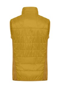 Ärmellose Weste in goldgelb, mit gesteppter Textur, hohem Kragen und seitlichen Einsätzen in einer kontrastierenden Farbe für zusätzliche Details.