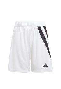 Shorts de sport blancs avec des rayures diagonales noires et un logo. Fabriqués en matière légère, dotés d'une taille élastique.