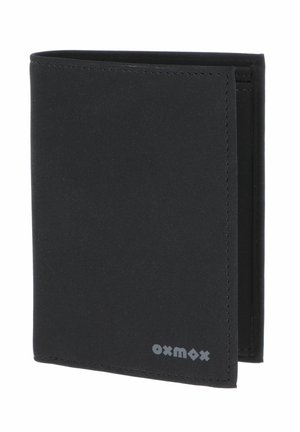 Black bi-fold wallet with minimal stitching, branded "oxmox" in gray at the bottom right corner.