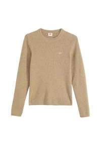 Beige, geripptes Langarm-Crewneck-Pullover mit kleinem Levi's-Logo auf der linken Brust, flach auf einem weißen Hintergrund ausgelegt.