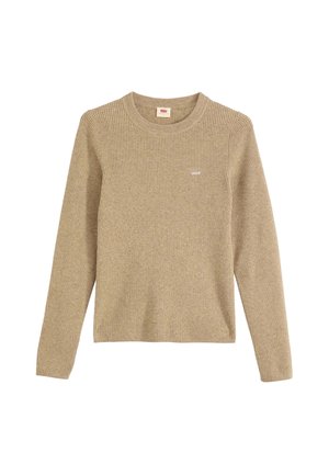 Suéter de manga larga de punto acanalado en color beige, con un pequeño logo de Levi's en el lado izquierdo del pecho, dispuesto sobre un fondo blanco.