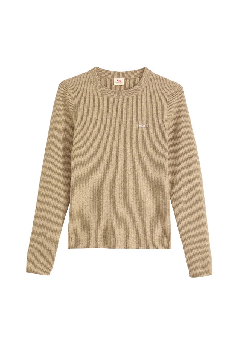Maglione beige a maniche lunghe con collo a giro e coste, con un piccolo logo Levi's sul lato sinistro del petto, posato su uno sfondo bianco.