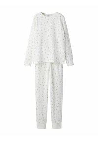Ensemble de pyjama blanc composé d'un haut à manches longues et d'un pantalon, décoré de petits motifs floraux, fabriqué en tissu doux avec des poignets côtelés.