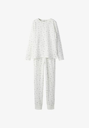 Balta pidžamas komplekts ar garām piedurknēm, sastāv no topa un biksēm, dekorēts ar mazām ziedu rakstiem, izgatavots no mīksta auduma ar ribveida aprocēm.