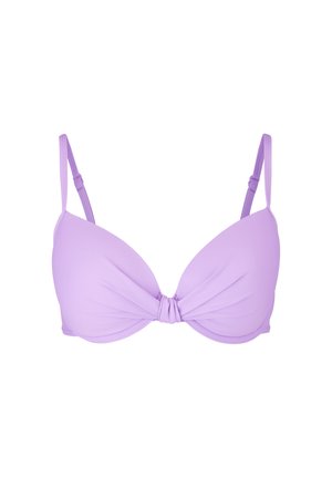 Lila Bikini-Oberteil aus glattem Stoff mit gedrehter Vorderseite und verstellbaren Trägern. Verfügt über einen Push-up-Stil für zusätzlichen Halt.
