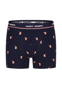 Námořnické modré boxerky s potiskem perníkového muže a cukrové hole. Elastický pas má bílé a červené detaily se nápisem "ŠŤASTNÉ KAŤATA". Bavlněný materiál.