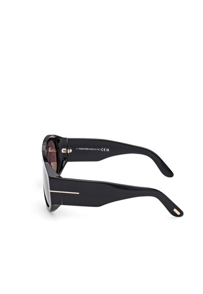 Black sunglasses with a glossy finish, round lenses, and gold accents on the temples. Crafted from high-quality material.