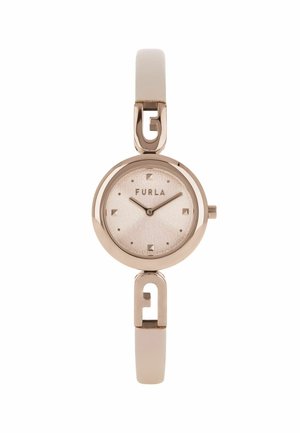 Montre Furla avec un boîtier rond en or rose, un cadran beige texturé et des marqueurs minimalistes. Elle est dotée d'un bracelet en cuir rose clair et de quincailleries stylisées.