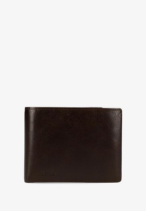 Dark brown leather bifold wallet with visible grain texture and subtle embossed brand name "PICARD" on front lower left corner.