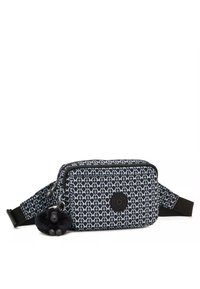 Black and white patterned crossbody bag with a zip closure, featuring a soft black monkey charm and an adjustable strap.