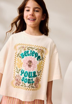 REGULAR FIT - FLORAL SEQUIN - T-Shirt print - cream