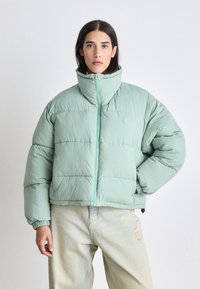 Giacca puffer verde menta con colletto alto, zip frontale e polsini a costine. Presenta pannelli cuciti e un piccolo logo sul petto.