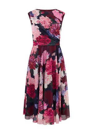 Ärmelloses Midikleid mit dunklem Hintergrund und großem Blumenmuster in Pink, Rot und Lila, tailliert mit weitem Rock.