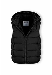 Fekete puffermellény kapucnival, cipzárral záródik, steppelt textúrájú, kerek logóval a mellkasán és bélelt belső résszel.