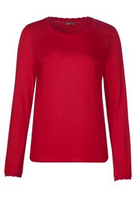 Camicia rossa a maniche lunghe realizzata in tessuto morbido, con scollo rotondo rifinito con merletto e polsini scallop.