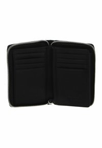Portefeuille en cuir noir avec une fermeture éclair tout autour. Comprend plusieurs emplacements pour cartes, une texture lisse et un logo embossé sur la poche intérieure.